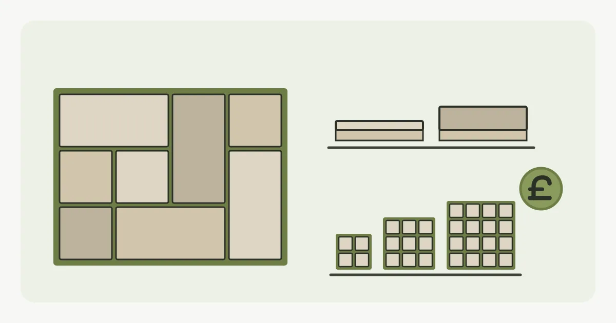 Illustration of a mixed-size Indian sandstone patio layout with slabs of varying tone, one lifted to show its uneven thickness, beside three rising cost tiers
