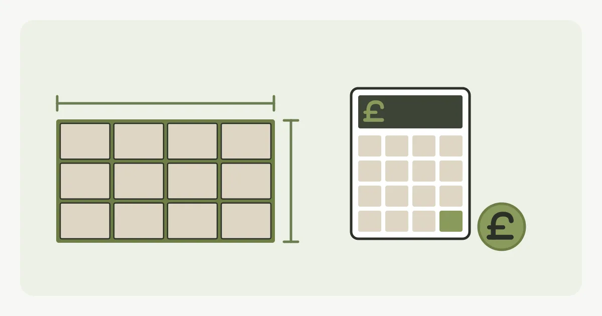Illustration of a calculator beside a measured grid of paving slabs and a pound coin marker