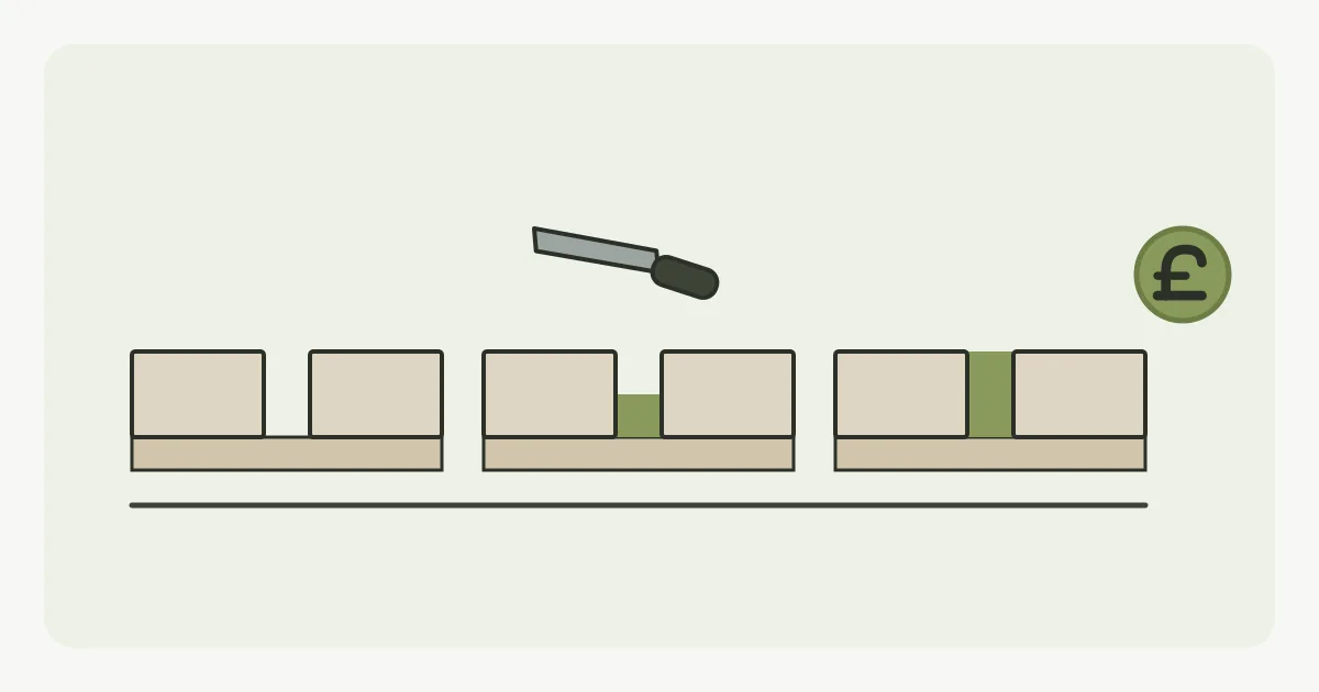 Illustration of a close-up patio joint between two slabs, half raked out and half filled with fresh pointing, beside three rising cost tiers