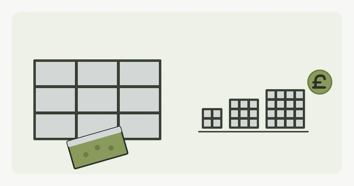Illustration of large-format porcelain slabs in a neat grid with one slab tilted to show the primed underside, beside three rising cost tiers