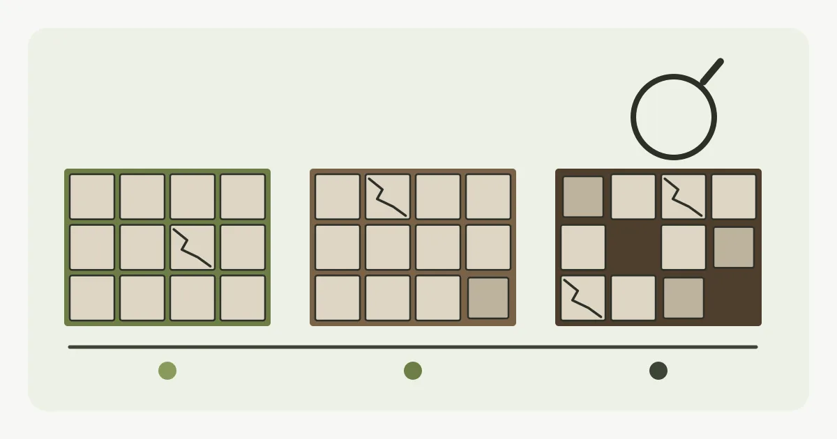 Illustration of a patio divided into three zones with progressively more slabs marked as failed, under a magnifying glass
