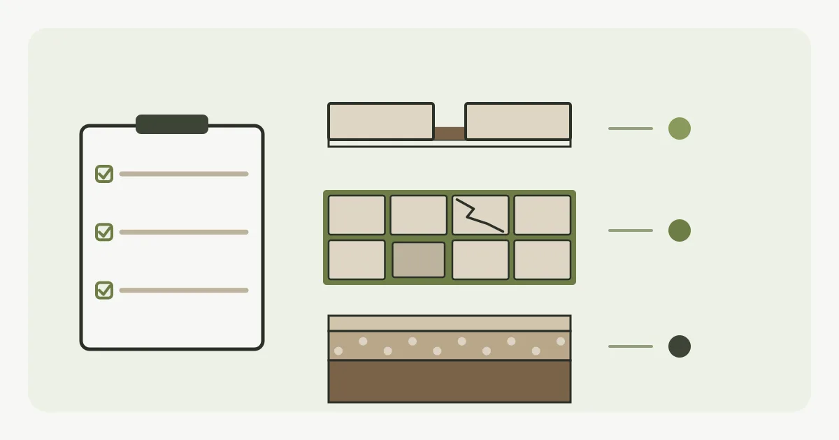 Illustration of a patio cut away into three stacked layers — joints, slabs and the bedding below — each marked on a checklist
