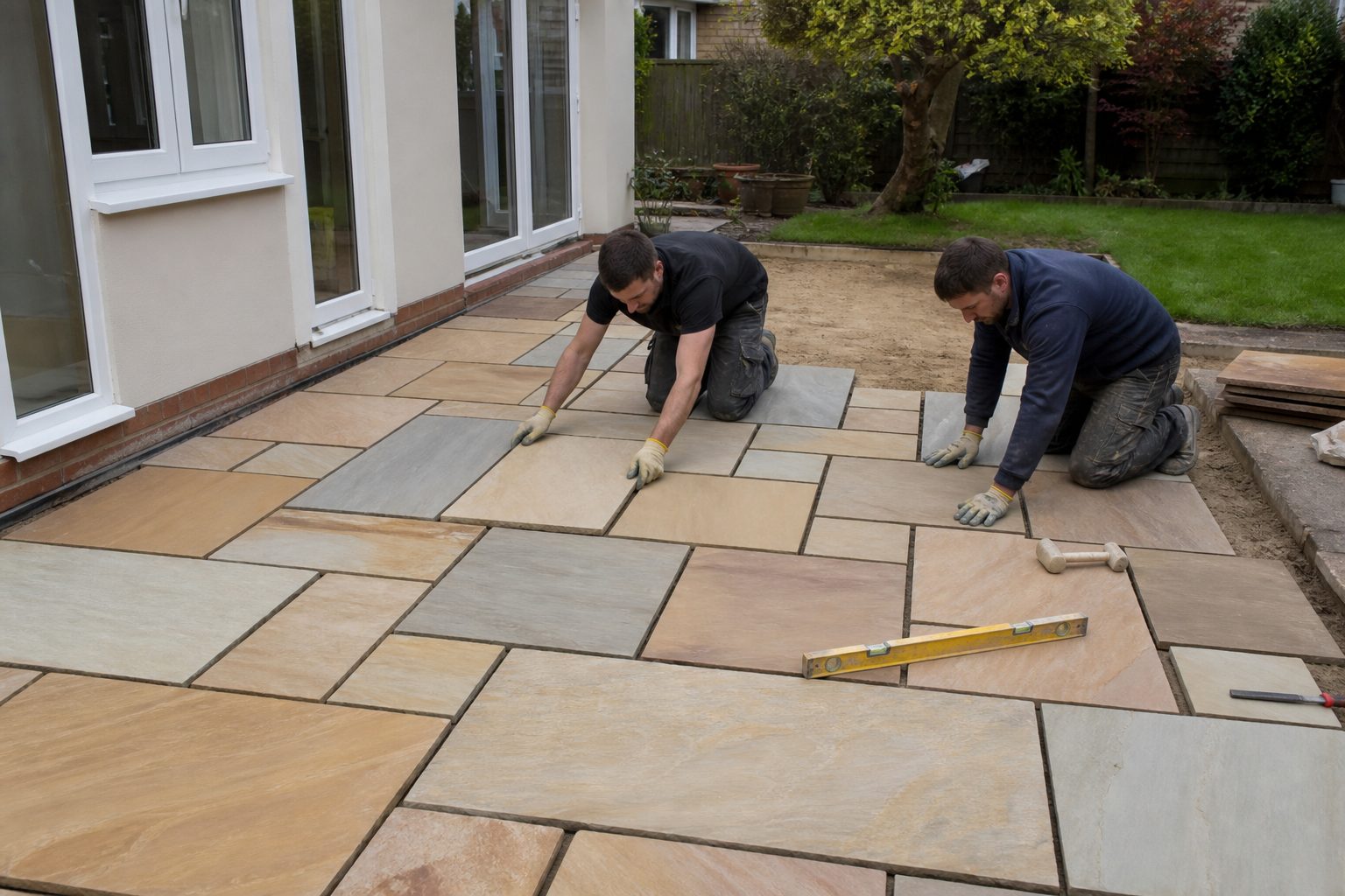 Paving contractors arranging calibrated Indian sandstone slabs on a prepared British patio