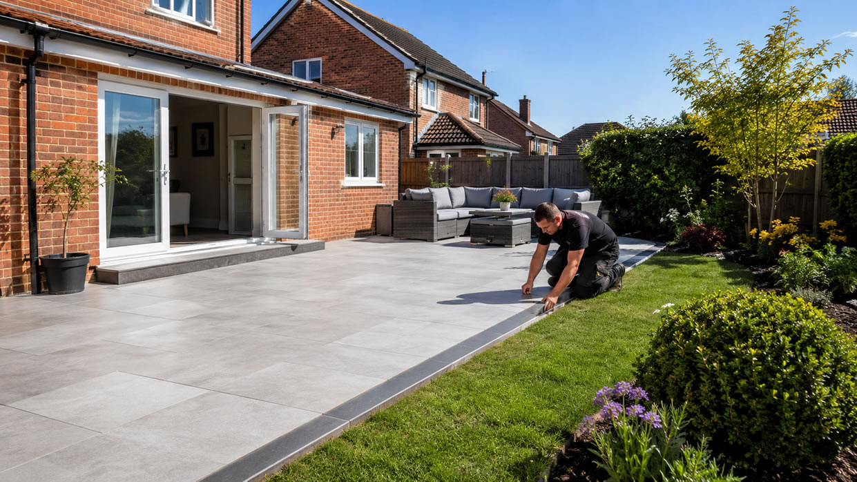 newly installed high-quality patio made from large porcelain paving slabs