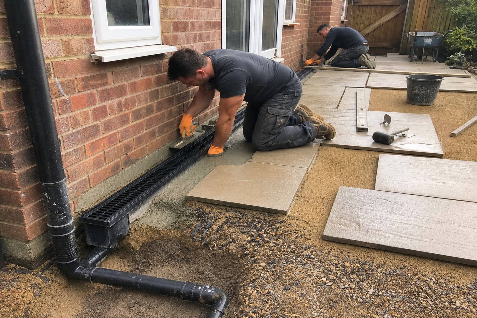 Contractors installing a channel drain between a British patio and house wall
