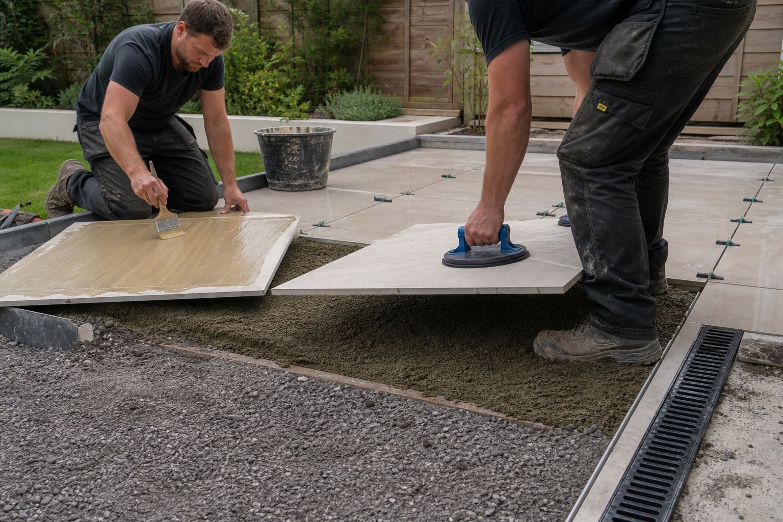 Installer applying primer and laying porcelain patio slabs with consistent joints in a British garden