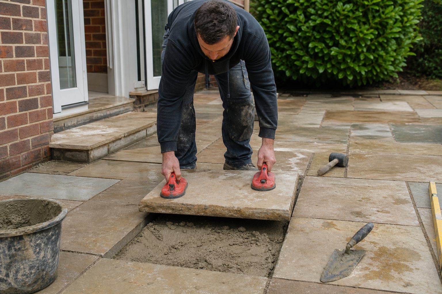 Paving contractor lifting and resetting sunken patio slabs beside a British house
